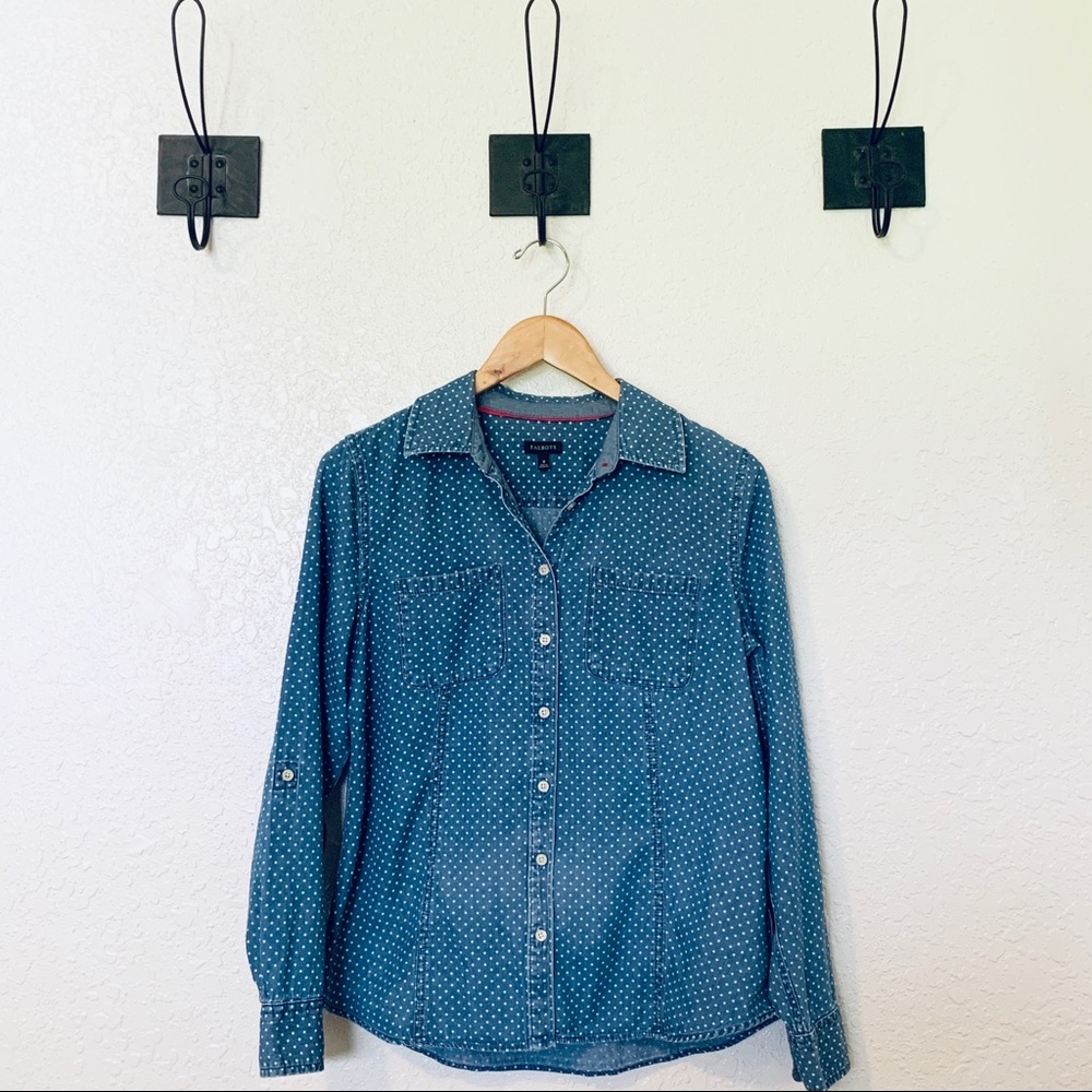 Talbots •Denim Button Down Polka Dot Shirt